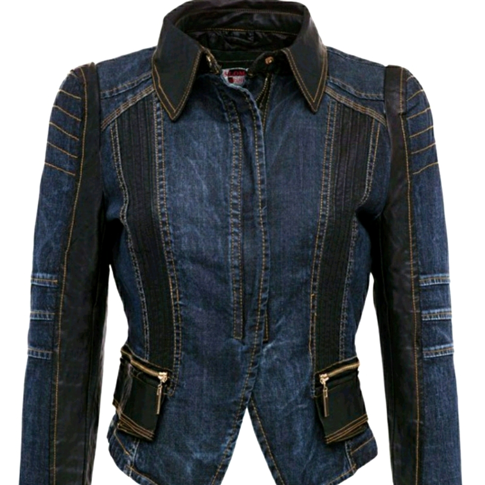Denim and faux leather moto jacket